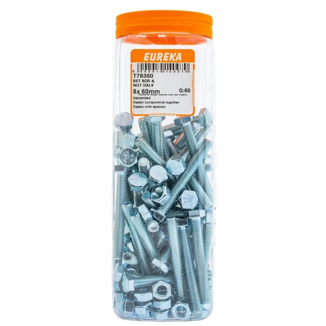 Eureka Nuts & Bolts Screw Set Nut Galv 8x 60mm Q:60