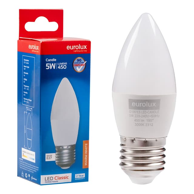 Eurolux Classic Light Led Candle Core E27 5w 3000k Single Box