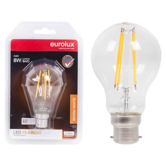 Eurolux Bulb A60 Filament Clear 8w Led B22 3000k Blister 105lm