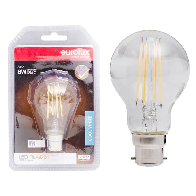 Eurolux Bulb A60 Filament Clear 8w Led B22 4000k Blister 105lm