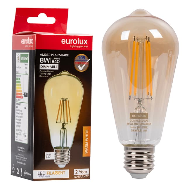 Eurolux Filament Pear Amber 8w Led E27 2700k Dimmable